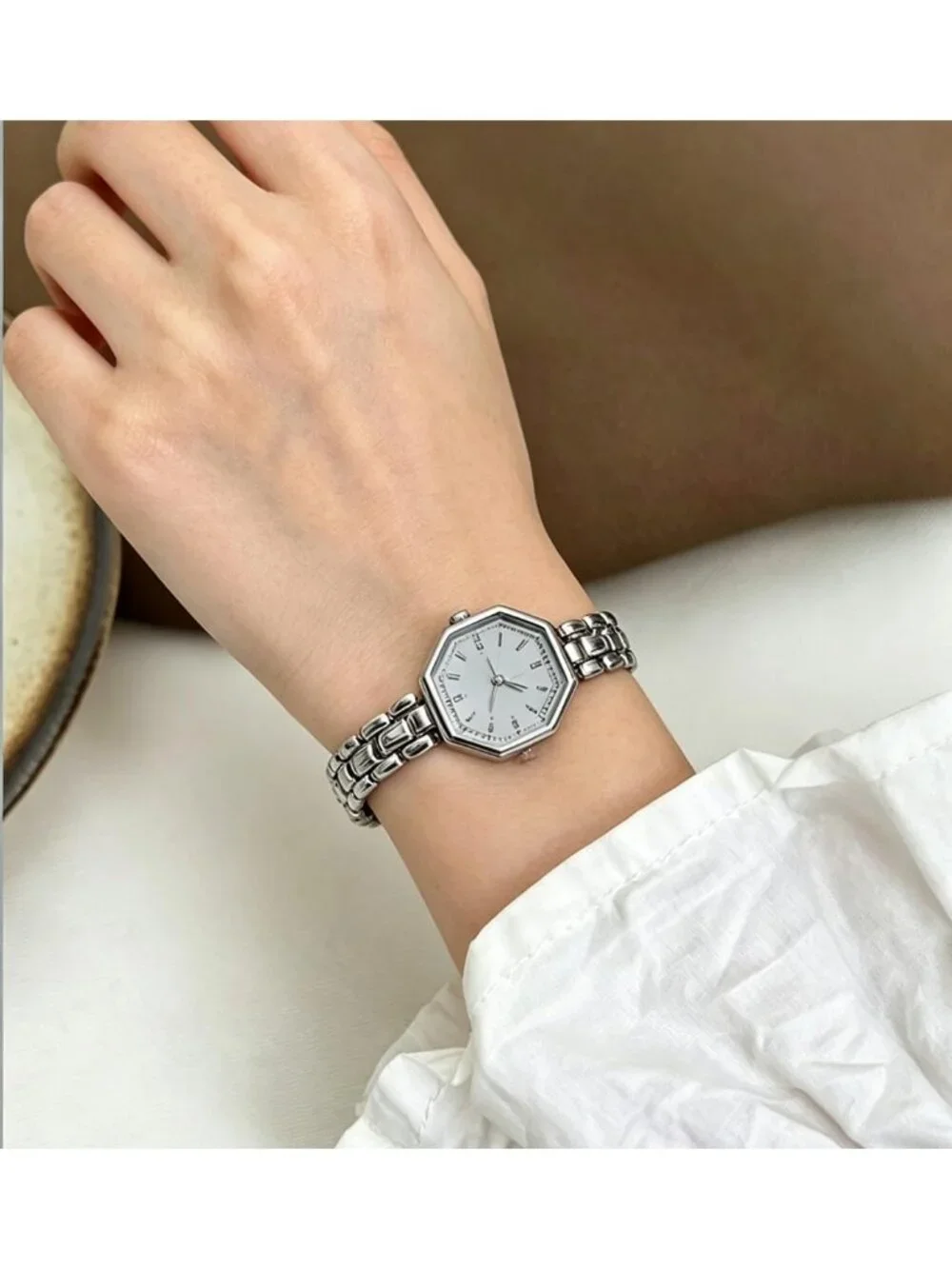 Women's Silver Octagonal Stainless Steel Dress Quartz Vintage Wrist Watches